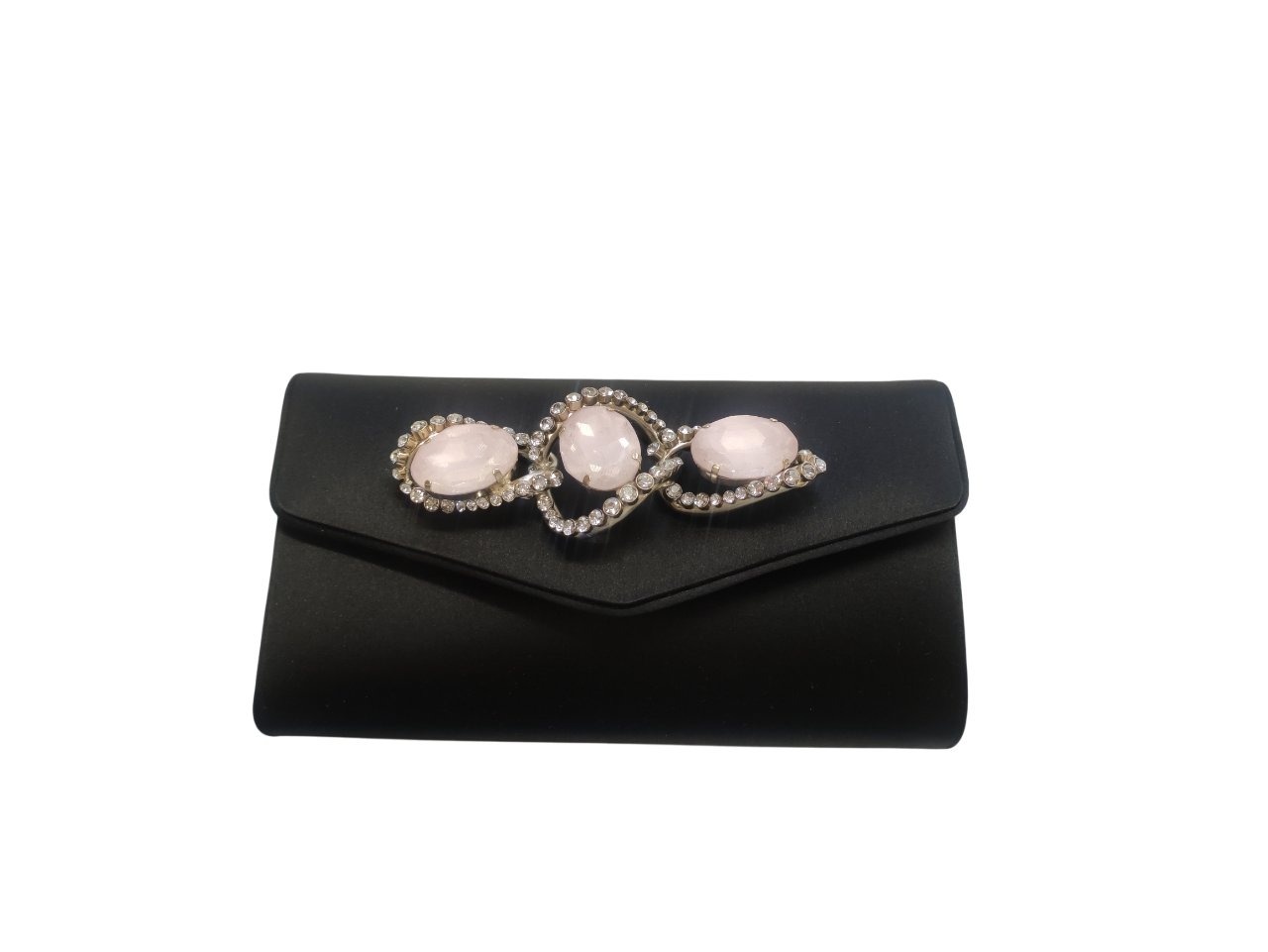 Clutch in raso nero con applicazione di pietre rosa