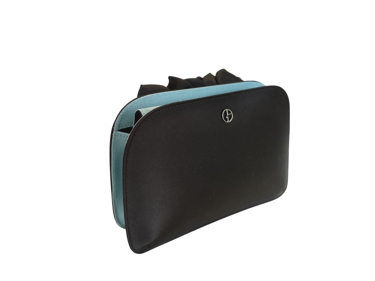 Clutch in raso nero con fodera turchese
